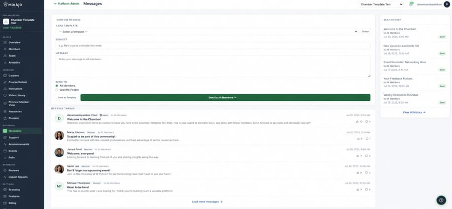 Admin panel messages screen in MiRAjO Hub for messaging all members at once